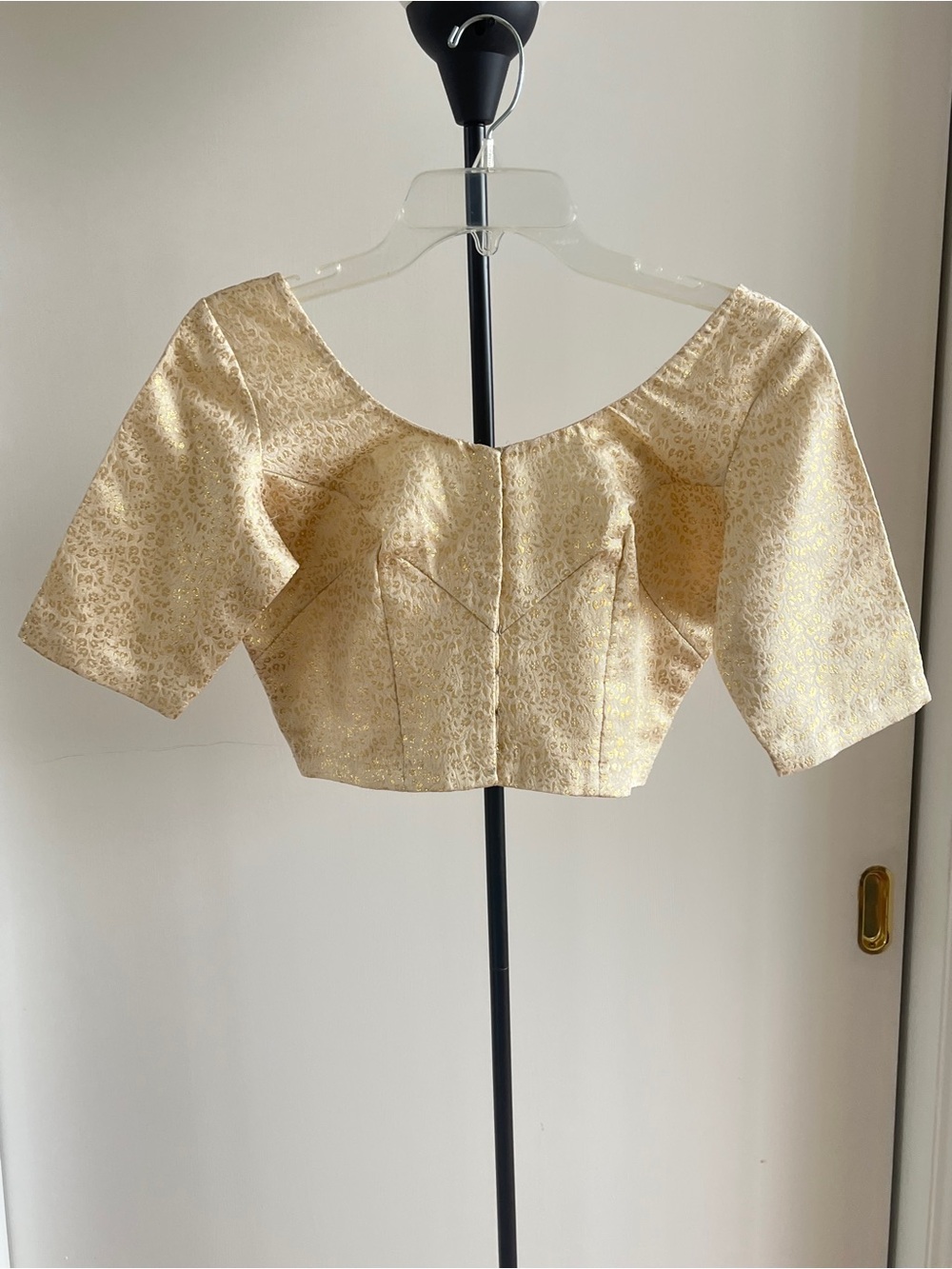 Gold Brocade Cotton Lining Saree Sari Blouse Choli Cropped Top Round neck Small